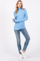 Light Blue Ribbed Long Sleeve Turtle Neck Top