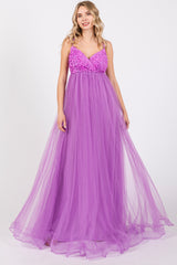 Purple Floral Applique Lace-Up Back Tulle Maxi Dress