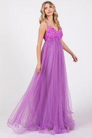 Purple Floral Applique Lace-Up Back Tulle Maxi Dress