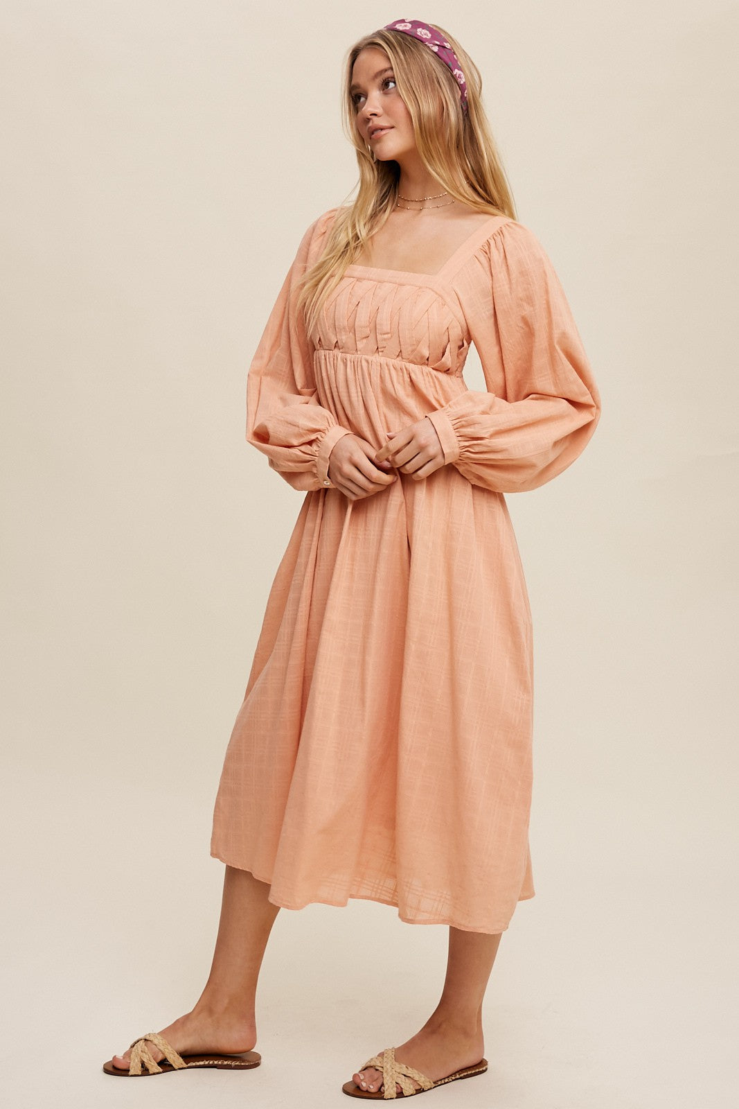 Peach Criss Cross Front Square Neck Long Sleeve Midi Dress
