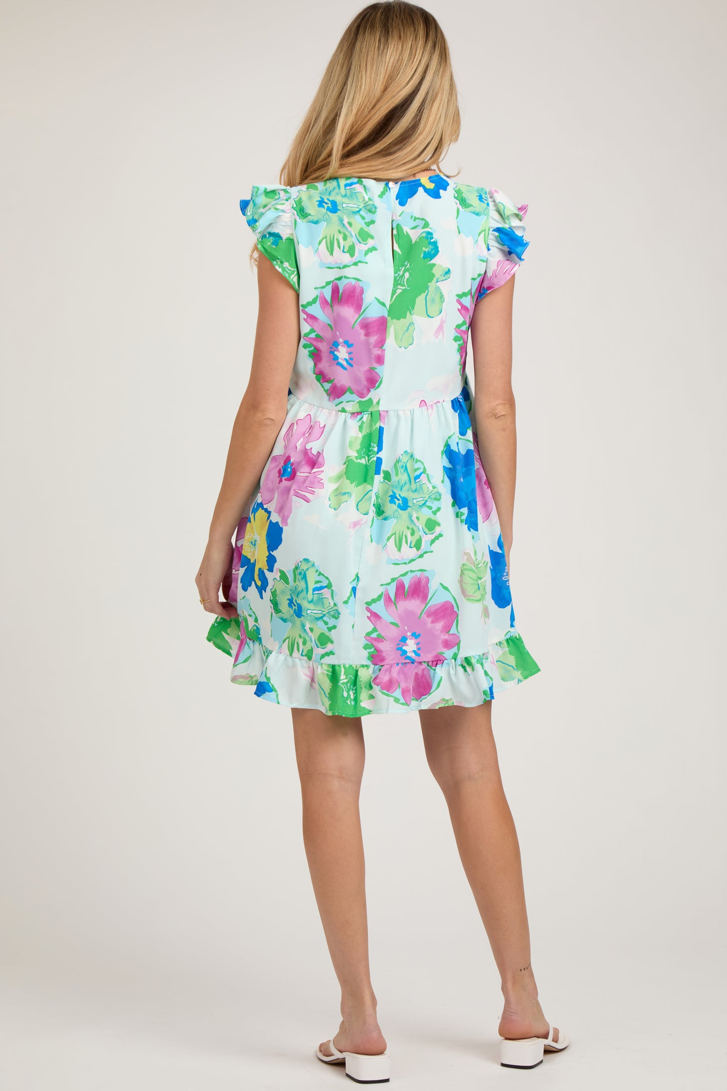 Light Blue Floral Ruffle Shoulder Maternity Dress