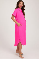 Fuchsia Button Down Front Pocket Maternity Midi Dress