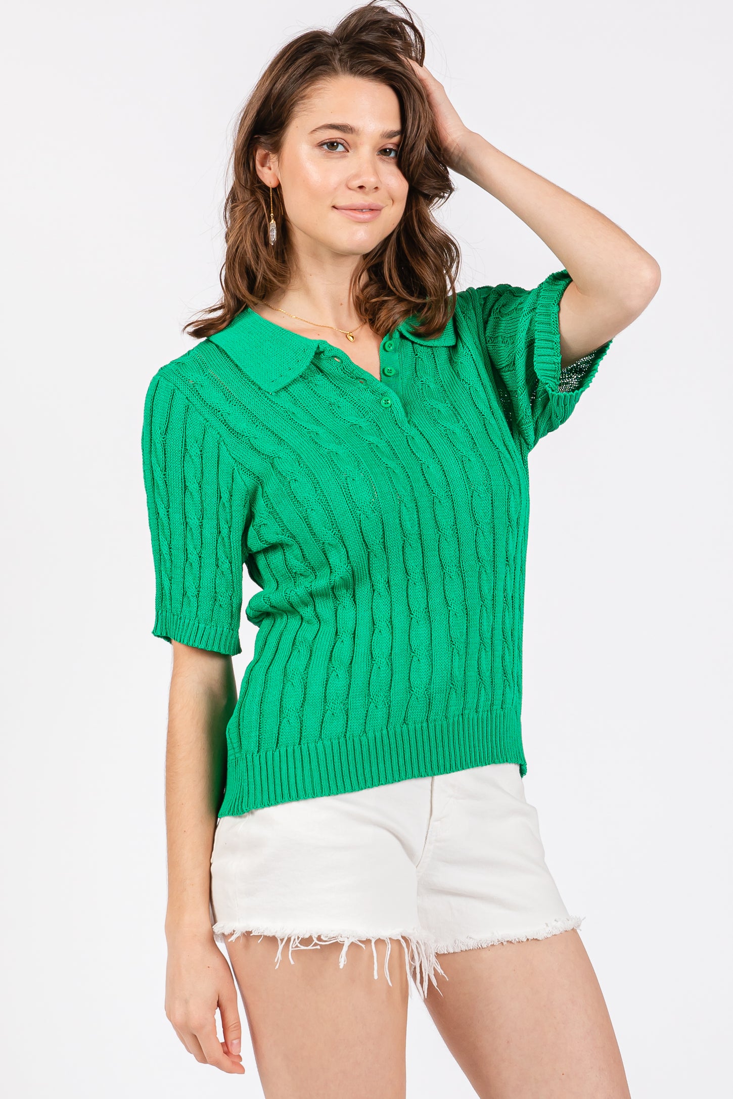 Green Knit Button Collared Top
