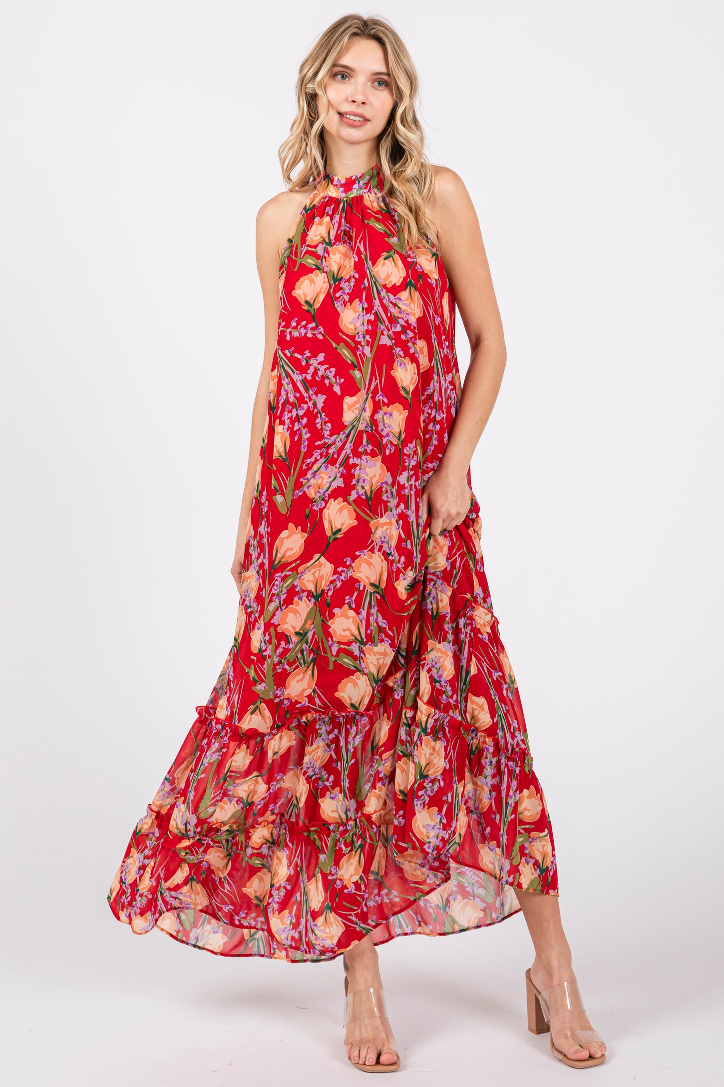 Red Floral Halter Maternity Maxi Dress