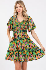 Green Multi-Color Tropical Print Ruffle Hem Dress