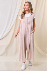 Beige Ribbed Sleeveless Button Front Jumpsuit