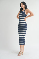 Navy Striped Fitted Knit Dress