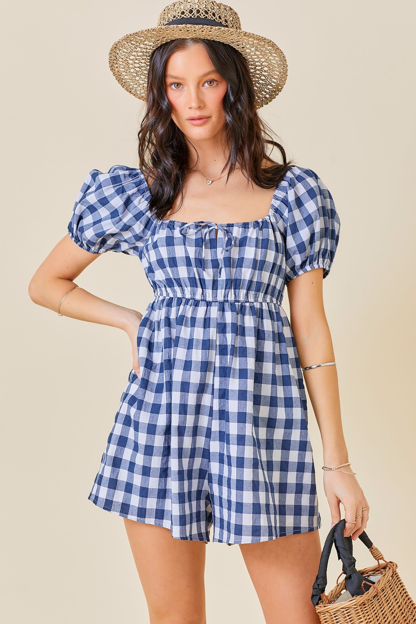 Navy Blue Gingham Cutout Maternity Romper