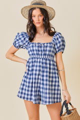 Navy Blue Gingham Cutout Maternity Romper