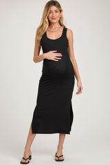 Black Sleeveless Double Slit Maternity Midi Dress