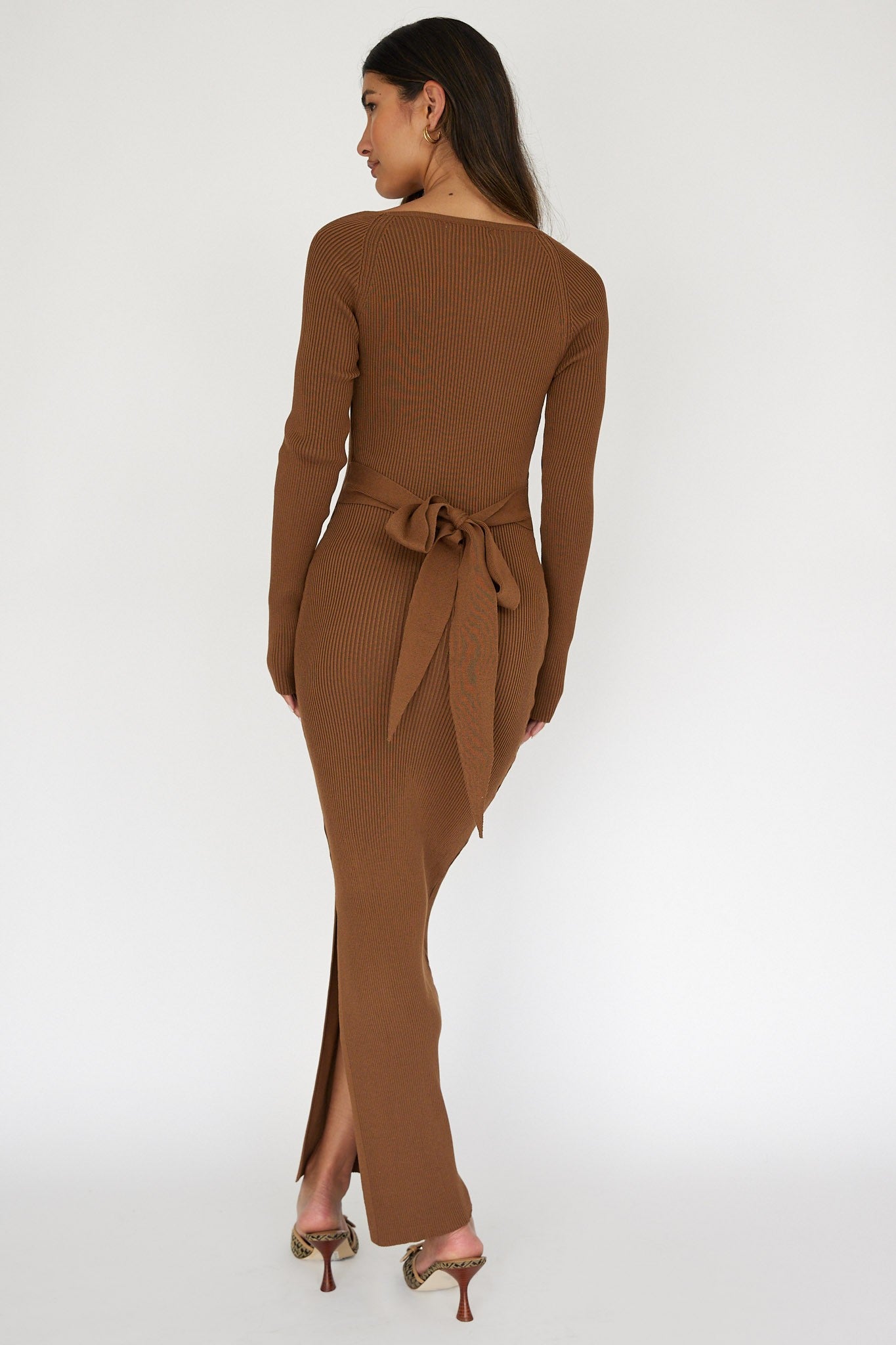 Brown Rib Knit Long Sleeve Maxi Dress