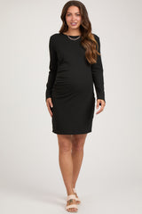 Black Ribbed Side Ruched Maternity Fitted Dress