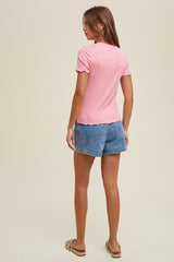 Pink Ribbed Fitted Lettuce Trim Top