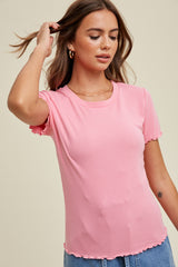 Pink Ribbed Fitted Lettuce Trim Top