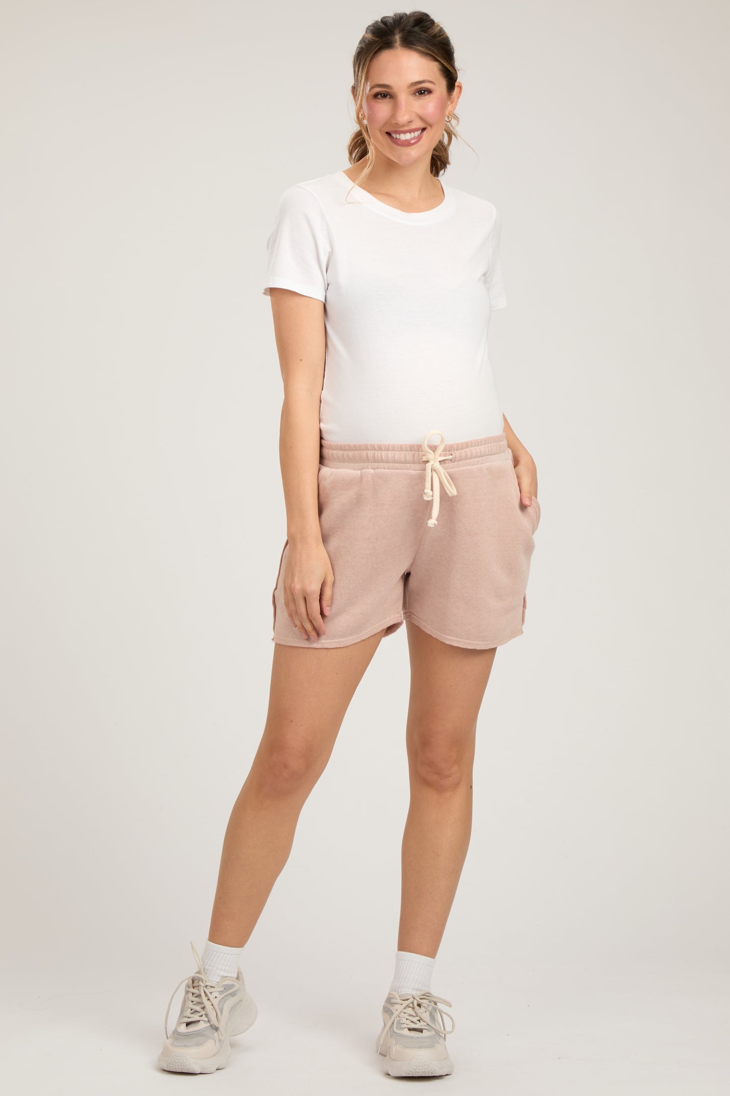 Beige Vintage Wash Maternity Drawstring Shorts