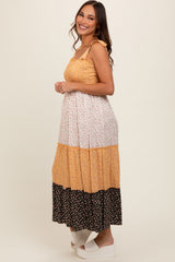 Yellow Multicolor Ditsy Floral Shoulder Tie Maternity Maxi Dress