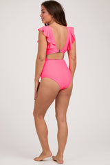 Coral Pink Cutout Flutter One Piece Maternity Swimsuit