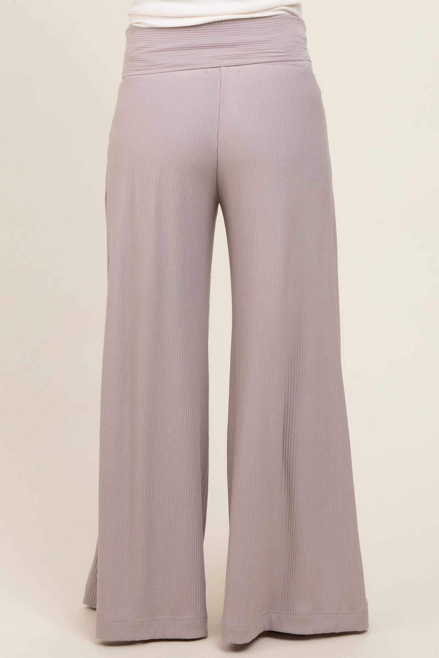Grey Ribbed Foldover Waist Maternity Wide Leg Pants