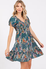 Teal Floral Smocked V-Neck Short Sleeve Dress