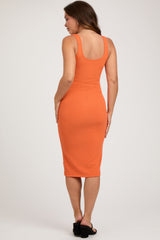 Orange Sleeveless Ribbed Fitted Maternity Dress
