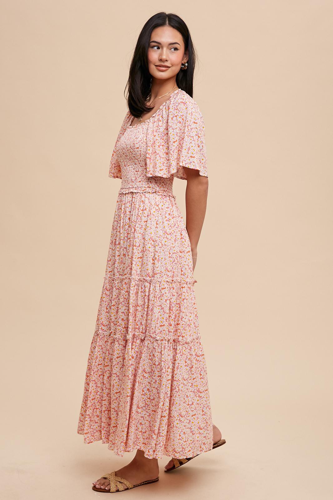 Pink Floral Smocked Tiered Maxi Dress