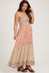 Multi-colored V-Neck Front Twist Maternity Maxi Dress