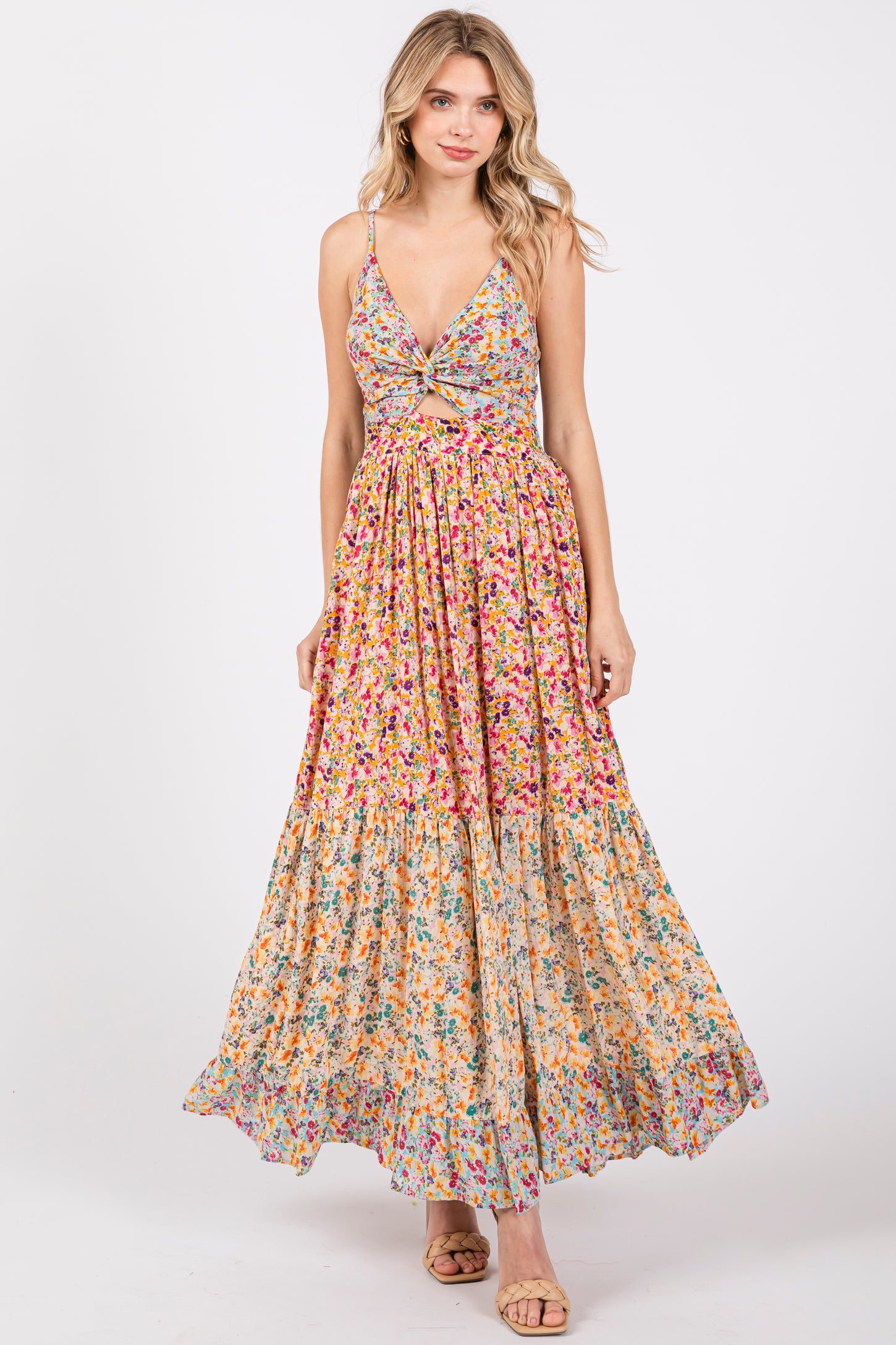 Multi-colored V-Neck Front Twist Maternity Maxi Dress
