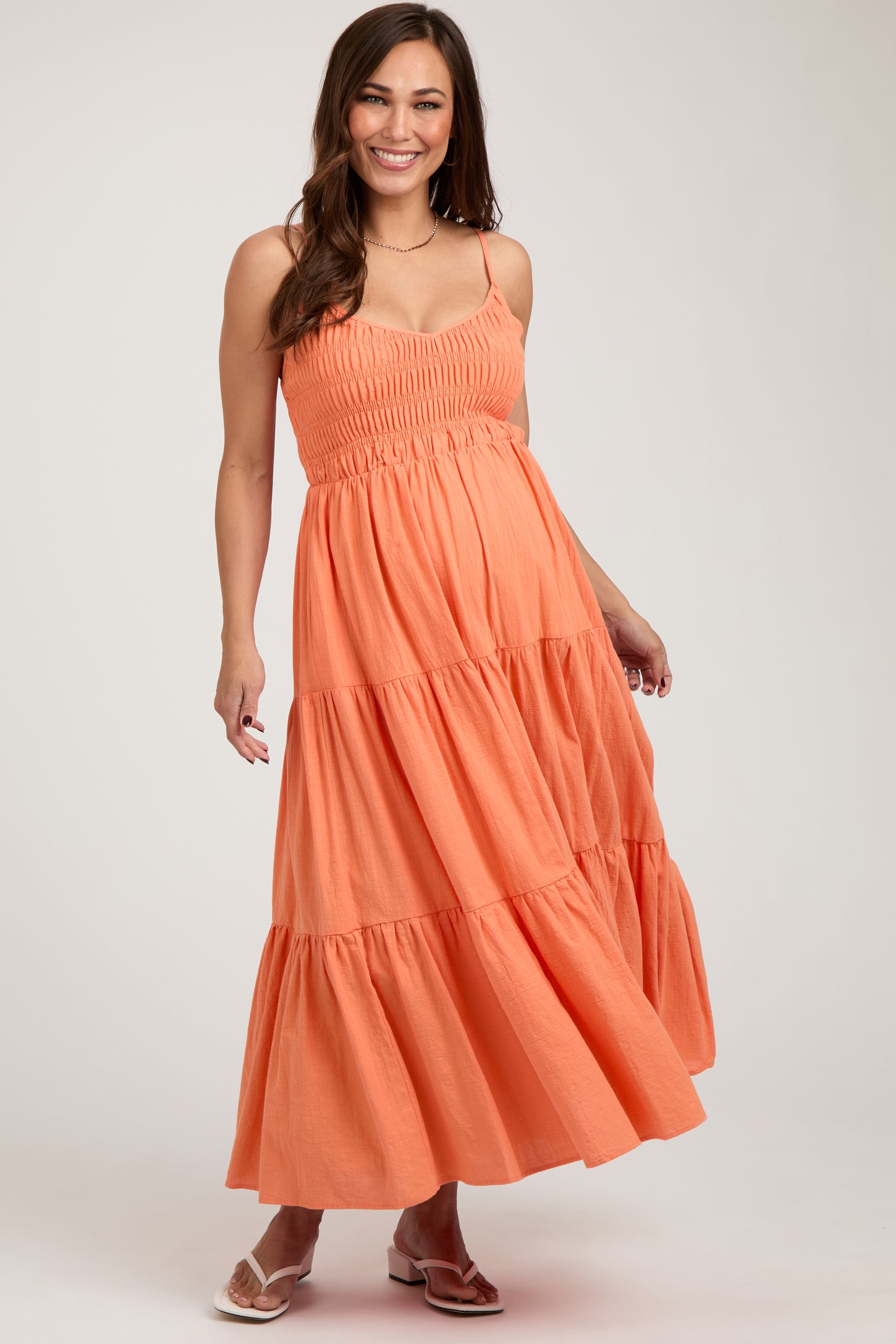 Orange Smocked V-Neck Sleeveless Tiered Maternity Midi Dress