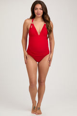 Red Ribbed V-Neck Ruched Criss Cross Low Back Maternity One Piece Swimsuit