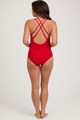 Red Ribbed V-Neck Ruched Criss Cross Low Back Maternity One Piece Swimsuit