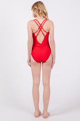 Red Ribbed V-Neck Ruched Criss Cross Low Back One Piece Swimsuit