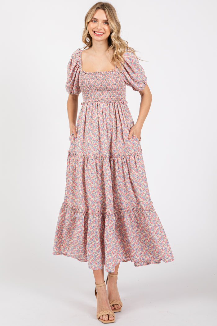 Light Pink Floral Smocked Tiered Puff Sleeve Maternity Maxi Dress