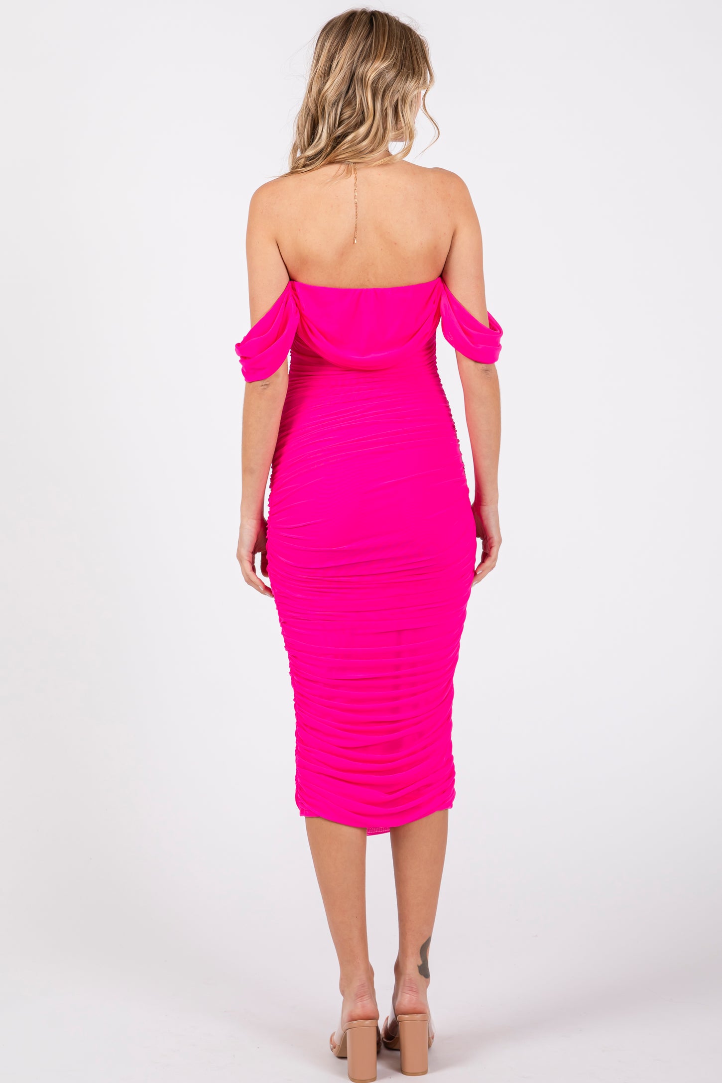 Fuchsia Off Shoulder Sleeveless Ruched Mesh Midi Dress