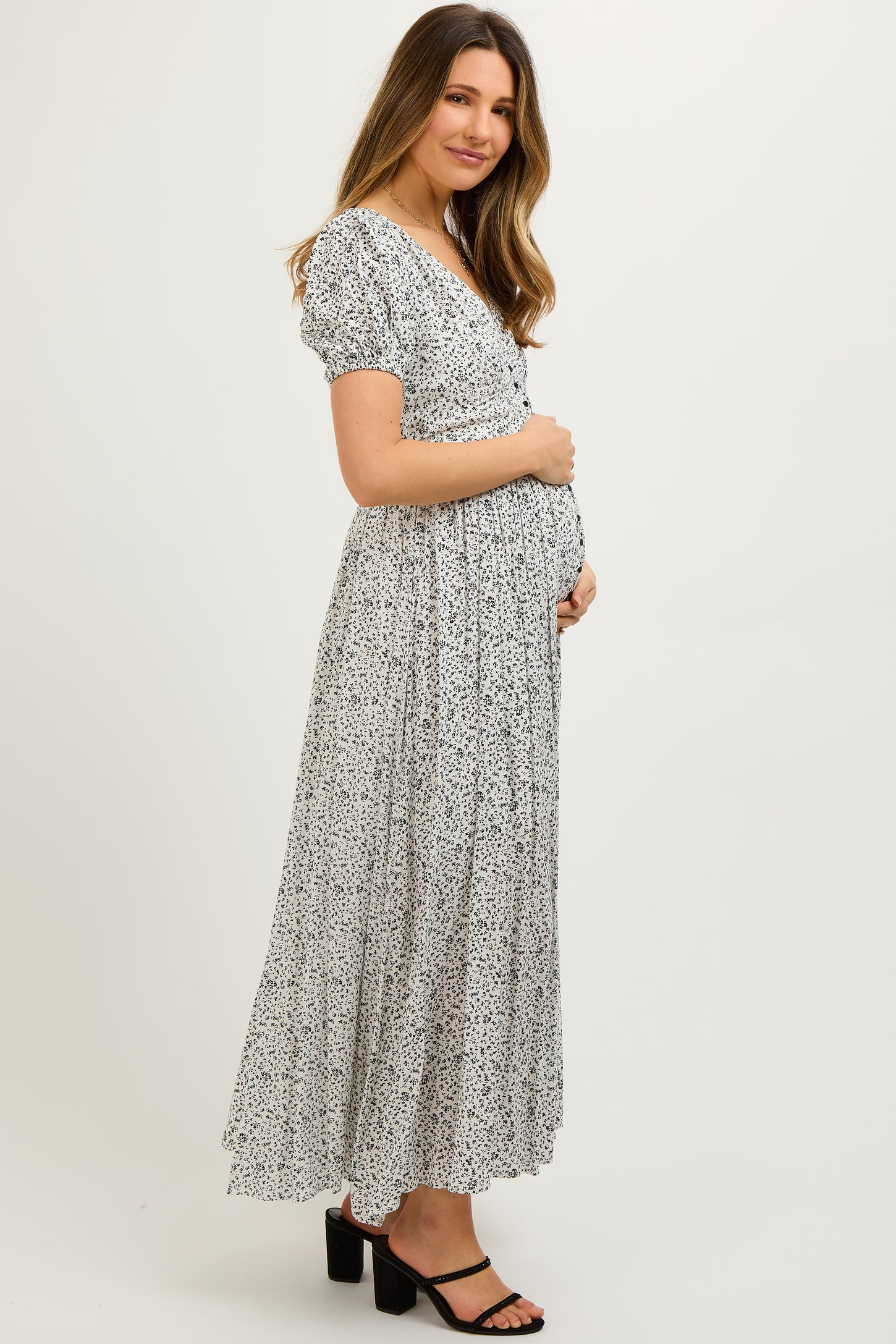Ivory Floral Button Down Front Slit Maternity Maxi Dress