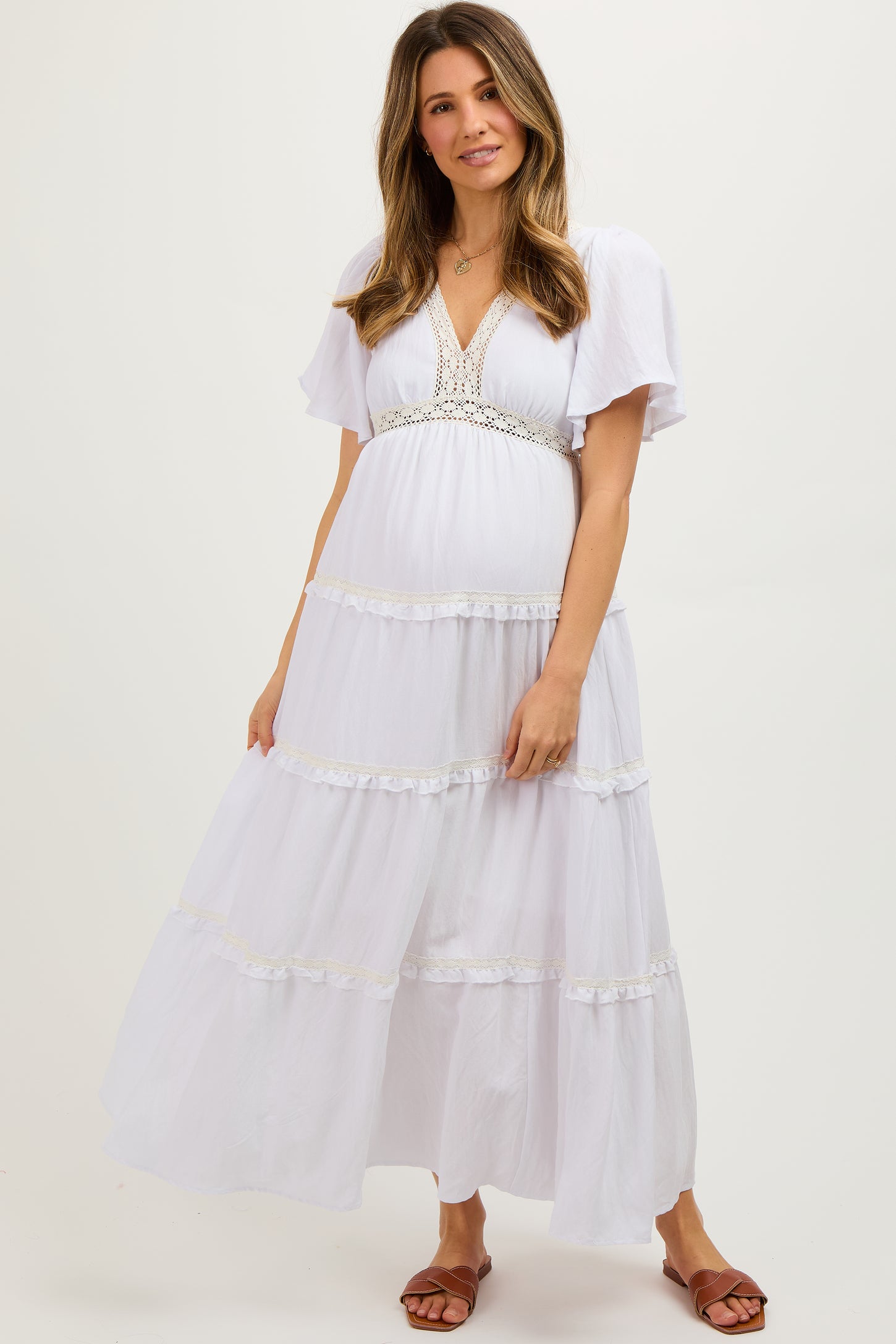 Ivory Crochet Lace Tiered Maternity Maxi Dress