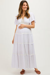 Ivory Crochet Lace Tiered Maternity Maxi Dress