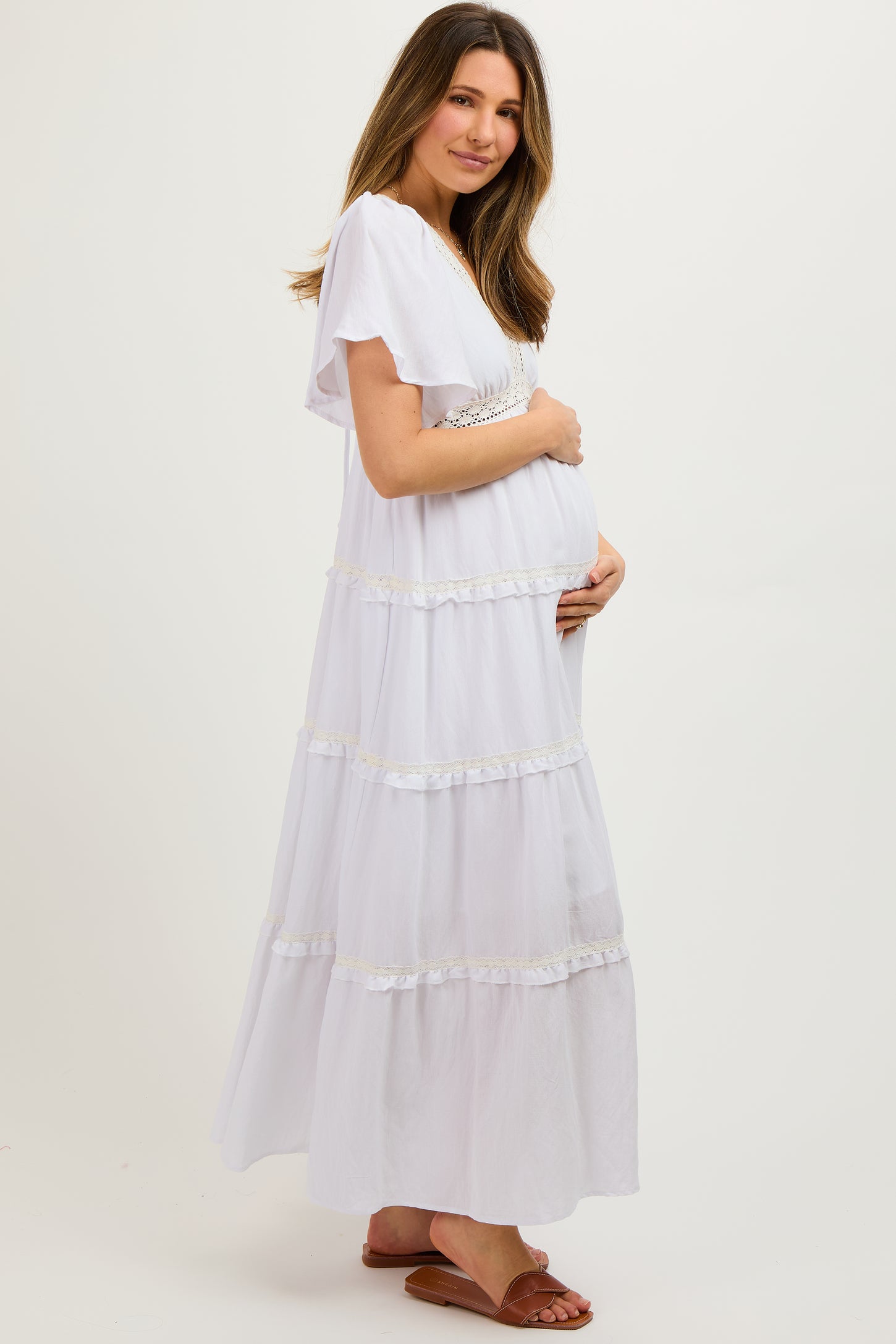 Ivory Crochet Lace Tiered Maternity Maxi Dress