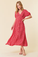 Red Ditsy Floral Print V-Neck Puff Short Sleeve Dress