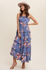 Blue Floral Sleeveless Tiered Maternity Maxi Dress