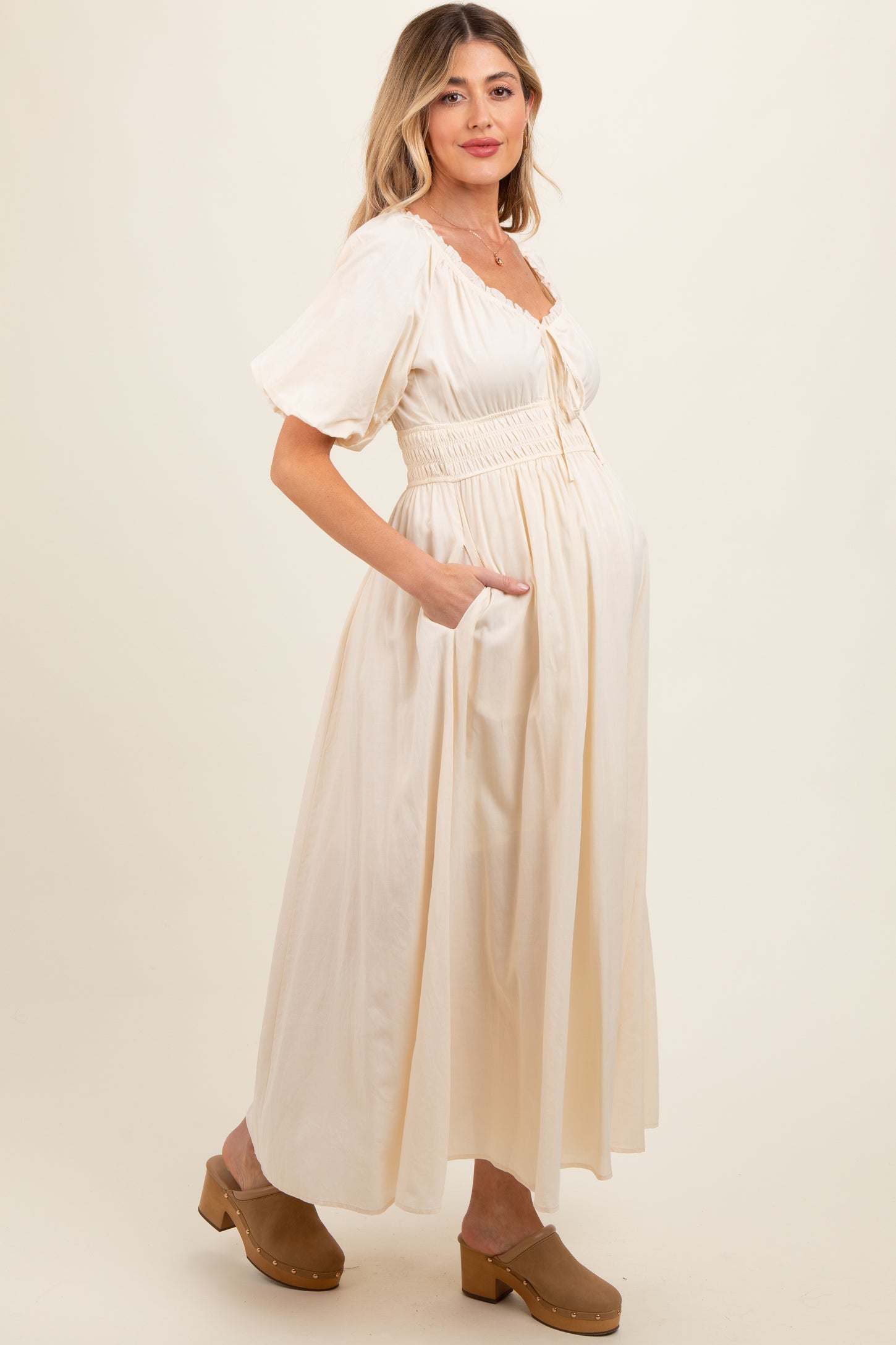 Cream Smocked Puff Sleeve Maternity Maxi Dress