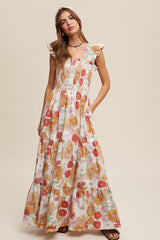 Ivory Floral Smocked Tiered Maxi Dress