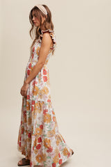 Ivory Floral Smocked Tiered Maxi Dress
