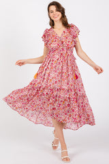 Pink Floral Chiffon Flutter Sleeve Ruffle Hem Midi Dress