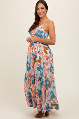 Light Blue Floral Sleeveless Maternity Maxi Dress