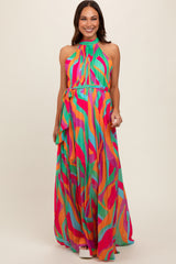 Multicolor Print Pleated Halter Maternity Maxi Dress