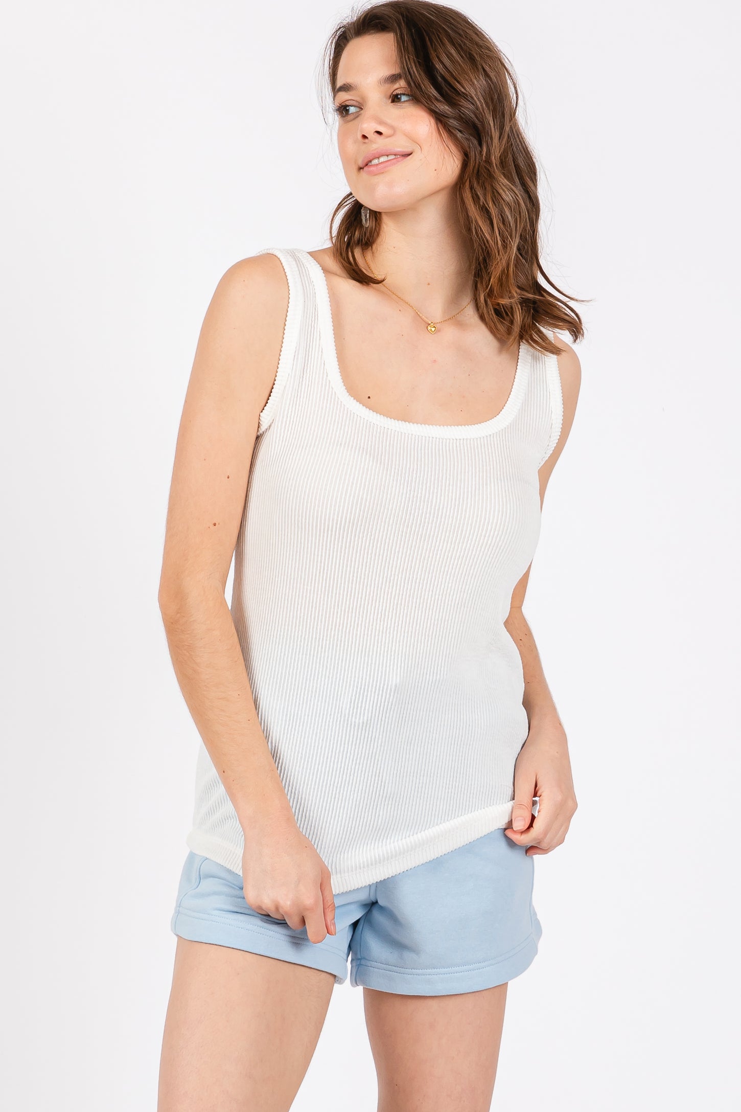 White Sleeveless Ribbed Square Neck Top