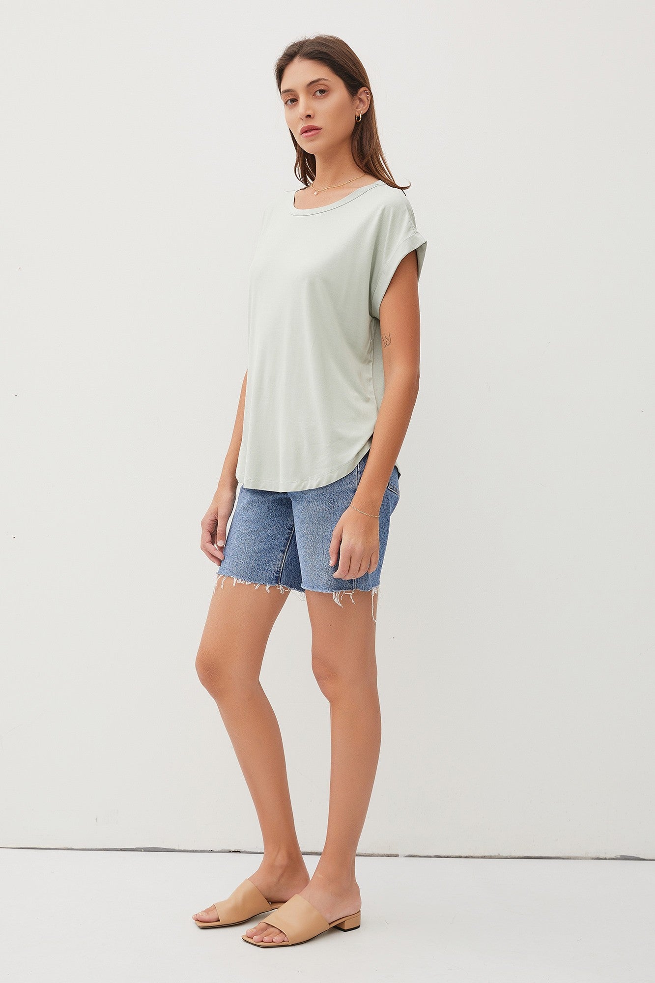 Light Olive Rolled Cuff Sleeve Top