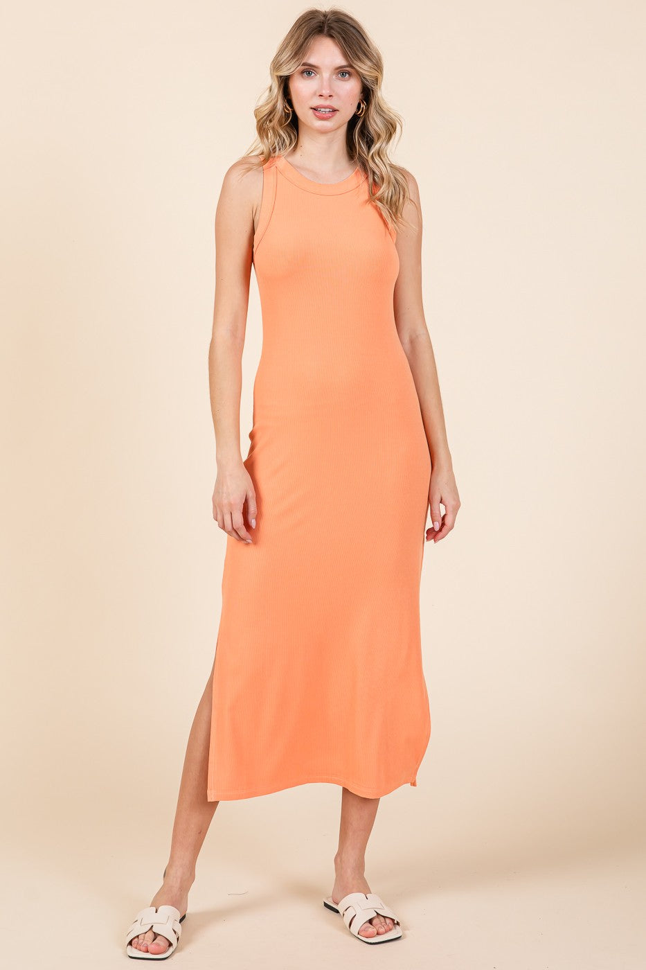 Orange Ribbed Maternity Side Slit Tank Dress