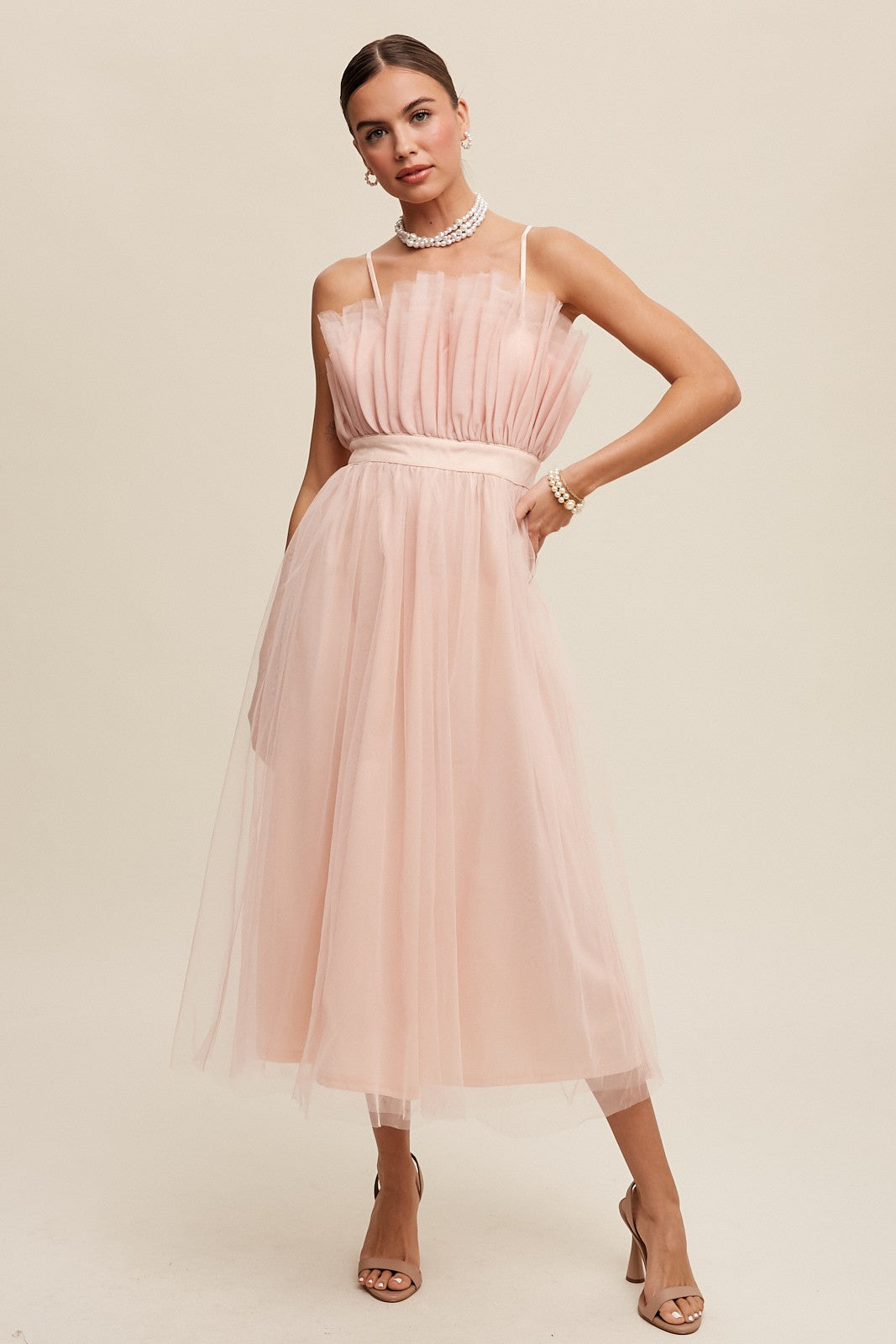 Blush Paper Bag Frill Tulle Maxi Dress