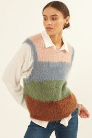 Green Brown Furry Knit Colorblock Sweater Vest